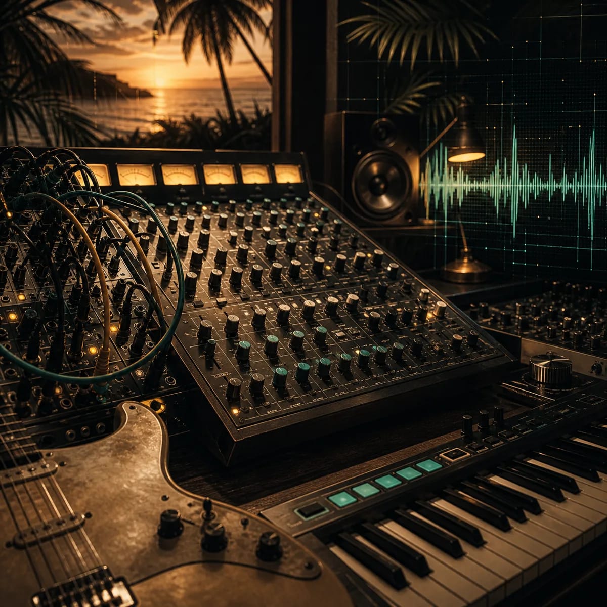 Analog studio hardware, guitar, MIDI keys, and digital waveform light in a Caribbean studio setting.